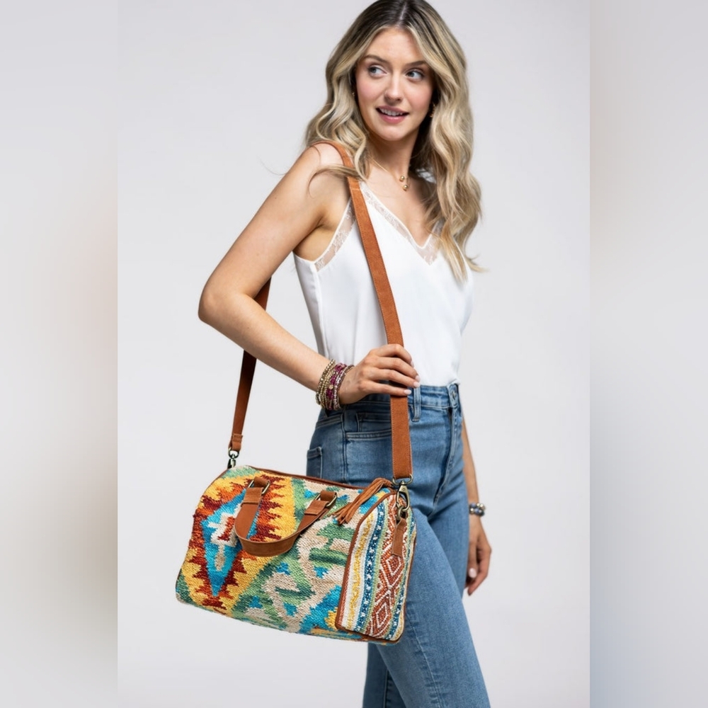Handmade Boho Chic Satchel / Boston Bag - Navajo Aztec Inspired Design - Picture 7 of 9